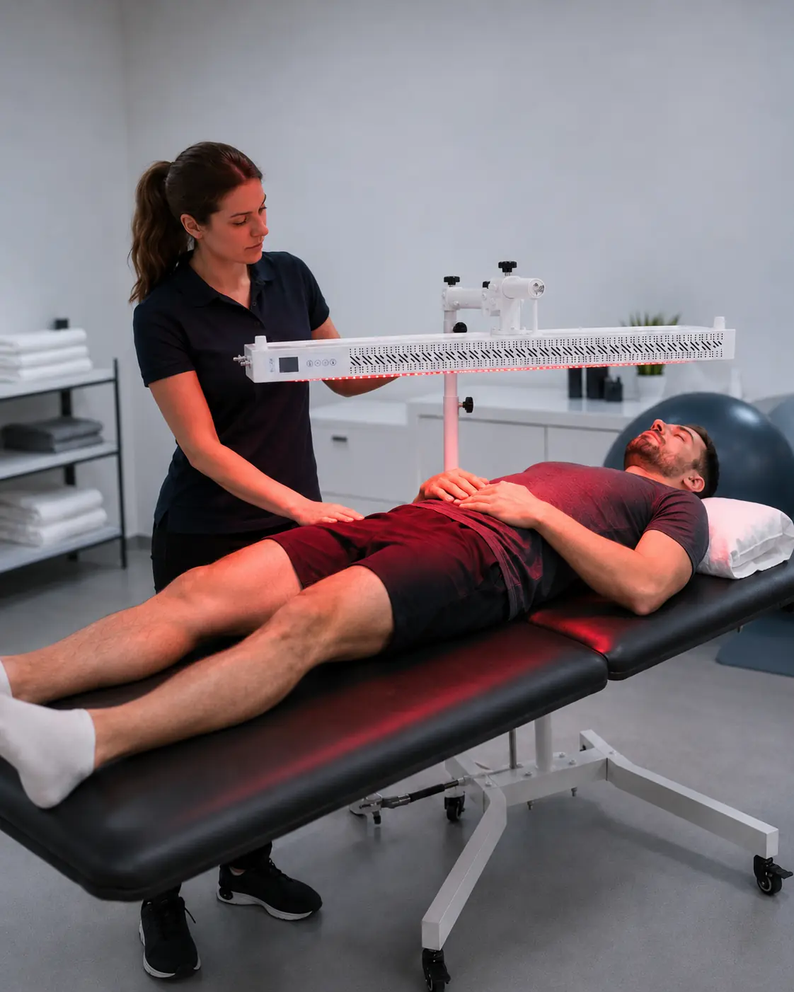 Fisioterapeuta aplicando fotobiomodulación a un paciente